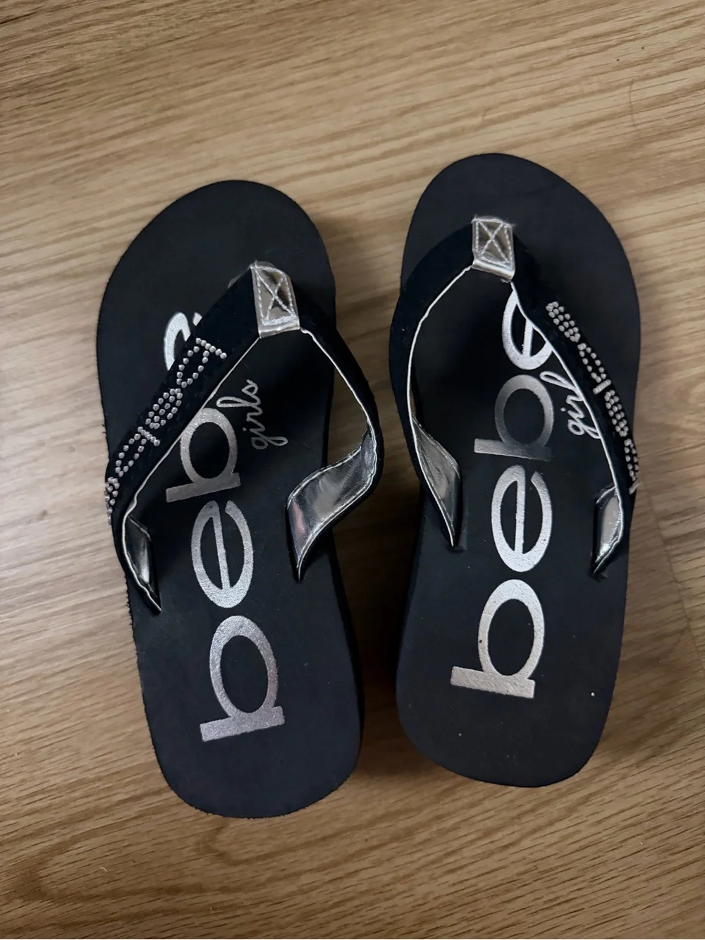 bebe Black Flip Flops with Silver Accents and Rhinestones